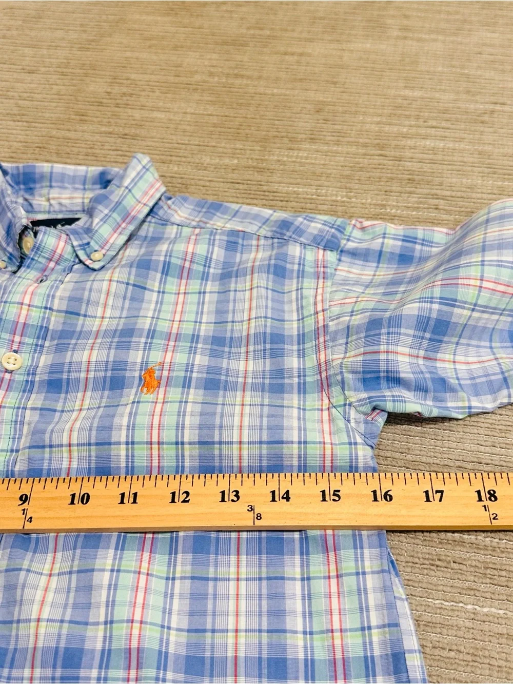 Ralph Lauren Childrens Blue Plaid Short Sleeve Dress Shirt Orange Pony Size 8/10